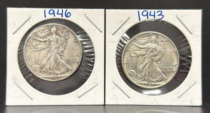 Walking Liberty Half Dollar Coins, 1943 & 1946, 90% Silver, U.S. Mint