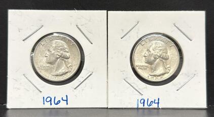 1964 Washington Quarter, 90% Silver, Denver Mint, Two Coins