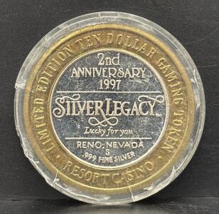 Silver Legacy 1997 2nd Anniversary $10 Gaming Token, .999 Fine Silver