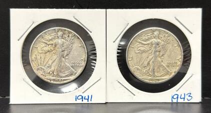 United States Walking Liberty Half Dollar Coins 1941 & 1943, 90% Silver
