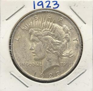 1923 United States Peace Dollar Coin, One Dollar, 90% Silver