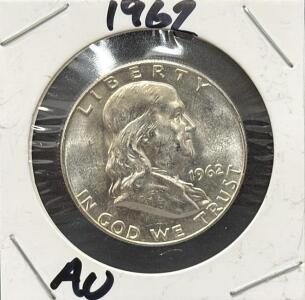 1962 Franklin Half Dollar, AU Grade, 90% Silver, No Mint Mark