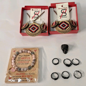 (10) Pieces Of Cosmetic Jewelry, (1) Rhodonite Bead Bracelet, (7) Black Finished, Fantasy Style Rings & (2) 3-Piece, Beaded Drop Necklace & Earing Sets