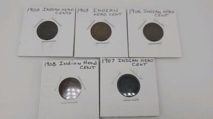 (5) 1900'S Indian Head Cents- 1900,1903,1906,1907,1908