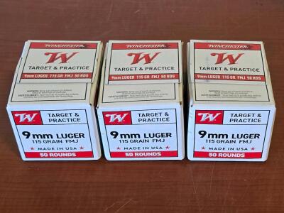 (3) Full Boxes of Winchester 9mm Luger Target & Practice [50] Rounds Each
