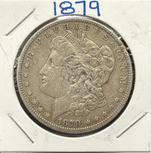 1879 Morgan Silver Dollar Coin, United States Mint, 90% Silver, No Mint Mark