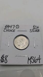 1947-D MS64 Choice Silver Roosevelt Dime