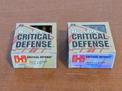 (2) Boxes of [25] Round Hornady Critical Defense 9mm Luger 115 Gr FTX Ammo