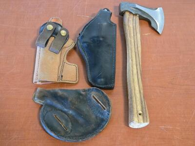 (3) Leather Pistol Holsters & Custom Made Hatchet