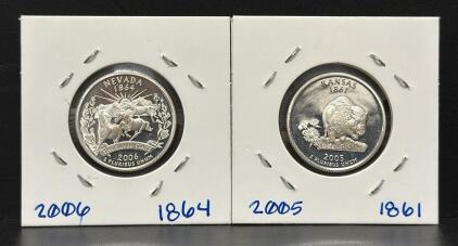 (2) Silver Proof Nevada & Kansas State Quarters, 2006 & 2005, Mint Mark S, US Mint