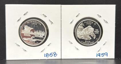 90% Silver Proof U.S. State Quarters: Minnesota 2005, Alaska 2008, 50 State Quarters Program