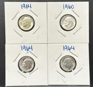 (4) 1960 & 1964 Roosevelt Dimes, 90% Silver, U.S. Mint