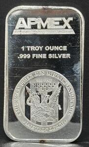APMEX Silver Bullion Bar, 1 Troy Ounce, .999 Fine Silver