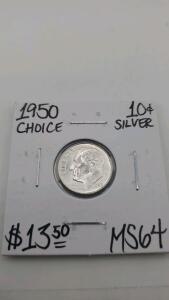1950 MS64 Choice Silver Roosevelt Dime