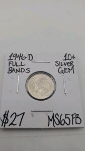 1946-D MS65FB Full Bands Gem Silver Dime