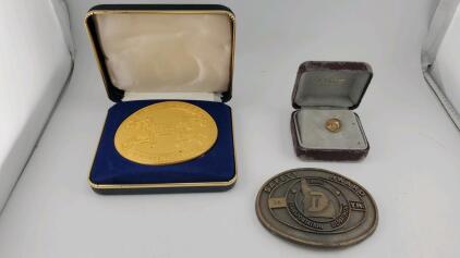 (2) Vintage Belt Buckles And (1) Vintage Idaho Department of Transportation Pin