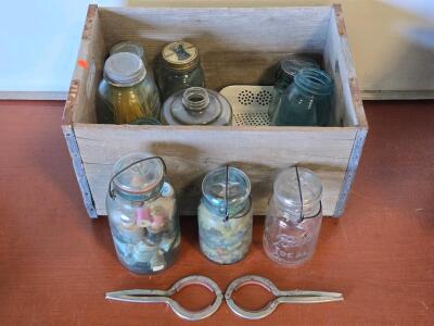 Vintage Crate Filled w/ Assorted Vintage Glass Canning Jars & Metal Jar Openers & More!