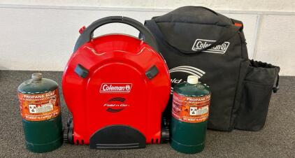 (1) Coleman Fold N Go Propane Camping Stove With (2) Propane Cylinders