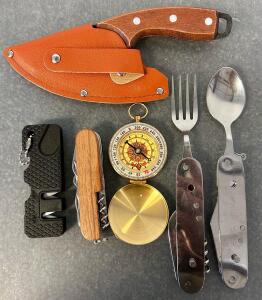 6-Function Camping Tool, Compass, Multifunctional Tool, And Meat Cutting Knife With Sharpener