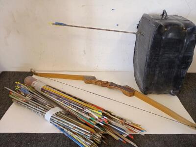 Vintage Wooden Bow 64" Long, (2) Big Bundles Of Arrows, Large Foam Target 22" X 16" X 12"
