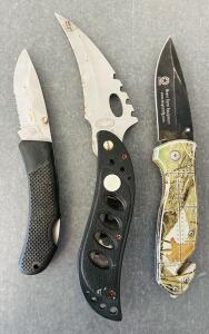 (3) Folding Knives: Meyer Farm, Frost Cutlery, And Stainless China
