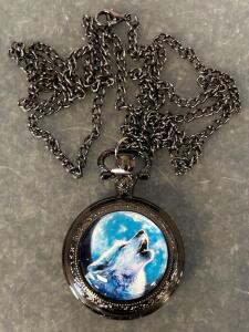Vintage Inspired Pocket Watch Necklace With Wolf Howling and Moon Motif