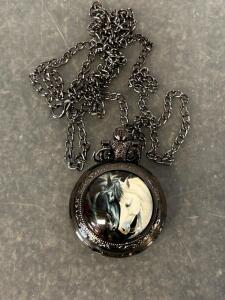 Vintage Inspired Pocket Watch Necklace With Black and White Horse Motif