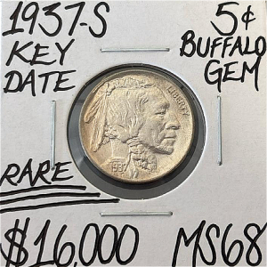 1937-S MS68 RARE KEY DATE GEM BUFFALO NICKEL