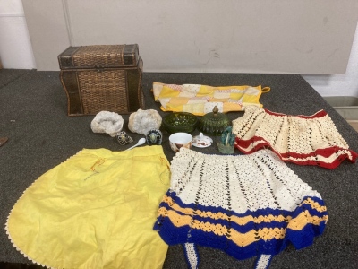Quartz Rocks, Knitted Pieces, Box, And Glass Items