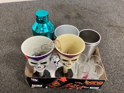 Shot Glasses, Metal And Plastic Glasses And Skull Keychains