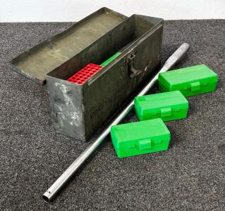 Metal Ammo Box, Rifle Barrel, and Ammo Organizing Cases