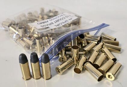 (110) Count .44 Mag Brass, (3) Live Rounds