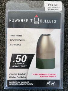 (20) PowerBelt Bullets .50 Caliber Hollow Point 295 Gr.