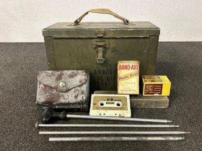 Metal Ammo Box With Gun Cleaning Parts, Duck Call and Cassette Tape, Williams 5D Reciever Sight and More
