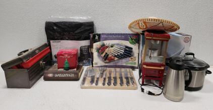 (1) 10 Piece Kitchen Knife Set (1) Nostalgia Electrics Old Fashioned Popcorn Maker (1) Crockpot Slow Cooker (1) Homedics Bubble Bliss Deluxe Footbath And More