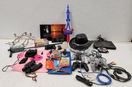 (1) Spinning Light Up Toy (1) Vivitar Pocket Sized Binoculars (1) Cintage 7x35 Binoculars (6) Playstation Controllers And More