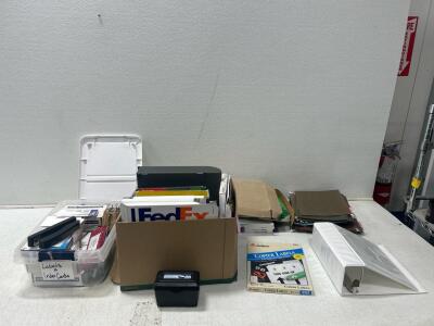 (1) Box Of Staplers, Labels, index card holder (1) Box of FedEx boxes, Folders (1) Box of Folders and more.
