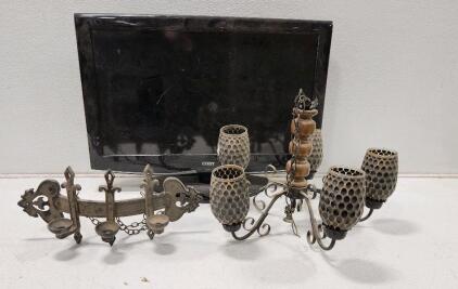 (1) 31"W X 23"H Coby LCD TV (1) Metal Chandelier (1) Metal Hanginger Wall Sconce