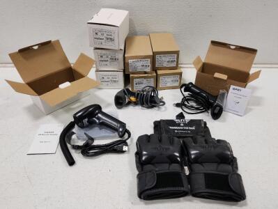 (4) Anyeast 2D Barcode Scanners New In Original Pkg (5) iDPRT HN-1308SR Handheld Barcode Scanner New In Original Pkg (1) Symbol LS2208 General Purpose Barcode Scanner (1) Pair Of Elite Sports MMA Gloves