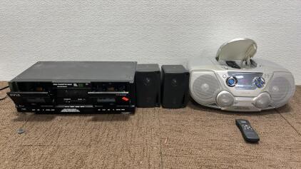 Pyle Double Cassette Model PT-649 Turns On Unable To Test Functionality,+ Pyle Speakers 3.5 200 Watts ..(1) Phillips CD BoomBox