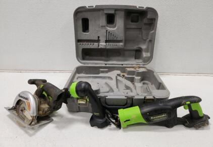 (1) Kawasaki Circular Saw (1) Kawasaki Reciprocating Saw (1) Kawasaki Flashlight W/ Carrying Case