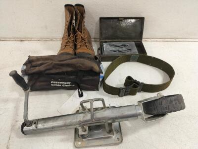 Women's AD TECH boots, marine swivel trailer jack, laede passenger cable chains, metal stencils