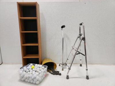 (1) Hemi Walker (1) Quad Walkinf Cane (1) 45"H X 15"W X 8"D Bookshelf (1) Heavy Duty Chain (1) Container Of Golf Balls
