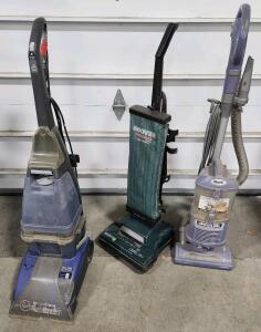 (1) Hoover Soft And Light Triple Filtration Vacuum (1) Shark Navigator Lift Away Upright Vacuum (1) Hoover SteamVac SpinScrub Carpet Cleaner