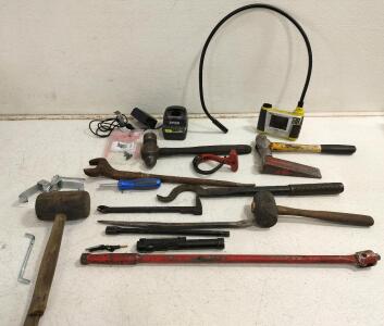 Ryobi TEK4 4-Volt Digital Inspection Scope. (2) wooden mallets Knipex Pliers Wrench push rod snap-up lever And more Assorted tools