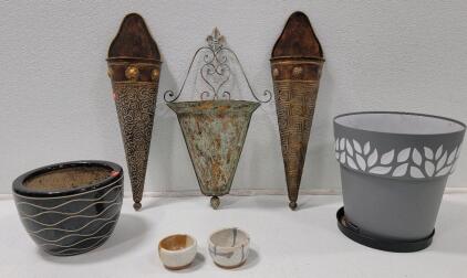 (3) Decorative Hanging Wall Vases (1) 11" Pot (1) 10" Pot (2) Succulent Pots