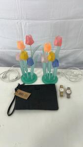 (1)Steven Madden Black Bag (2)Colored Tulip Lamps (2)Two Toned Watches
