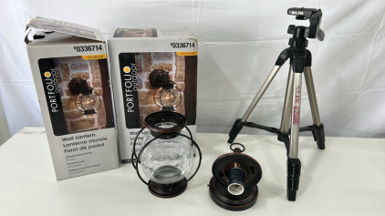 (2)Portfolio Outdoor Wall Lantern Fixtures (1)Slik U2000 Camera Tripod