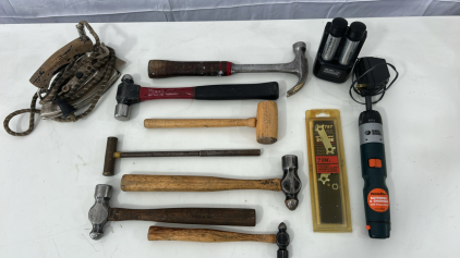 (7)Various Sized Hammers (1)Black&Decker VersaPak With 2 Batteries And Charger (1)Vintage Clothes Iron