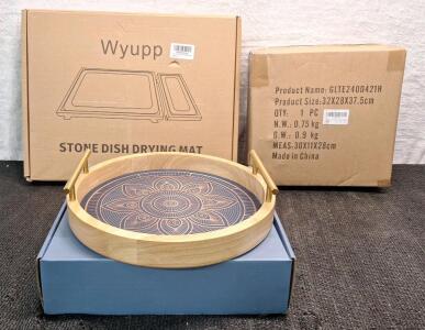 (1) Bamboo Serving Tray, (1) Black Metal 2-Tier Fruit / Vegetable Tray & (1) 2-Piece Bamboo & Stone Drying Mat Set